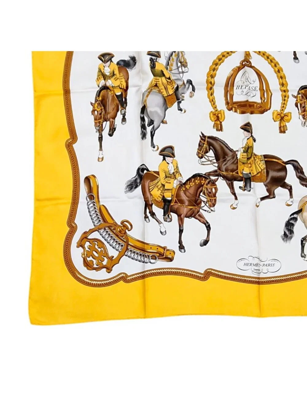 Hermes Carre 90 Reprise Ledoux Yellow Silk 100% Large Scarf